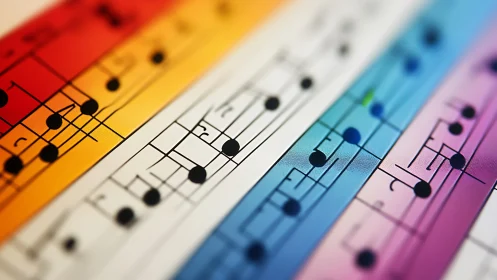 Colorful music notes dancing across rainbow sheet lines.