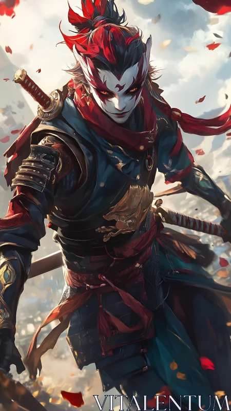 Masked demon samurai warrior strides through falling leaves.