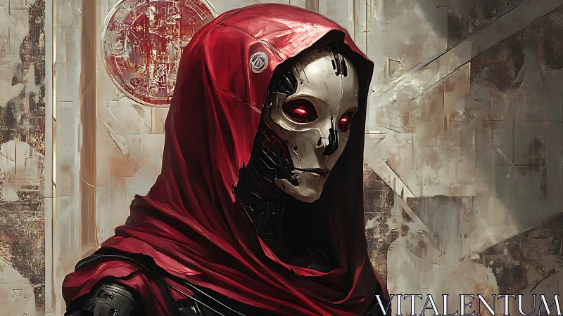 Hooded cybernetic reaper stands in a worn, future temple