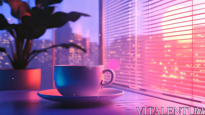Soft neon sunrise glows around a cozy cup of morning coffee
