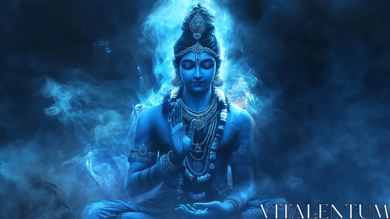 Mystic blue deity in meditative aura of swirling smoke.