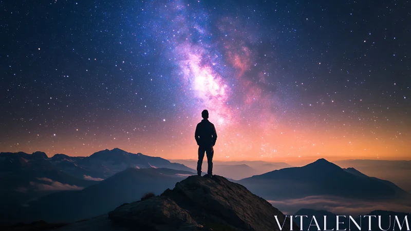Silhouetted observer against high-contrast Milky Way panorama.