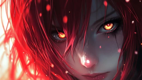 Fiery-eyed red-haired heroine in cinematic close-up portrait.