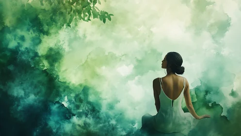 Solitary woman in white dress immersed in abstract green mist