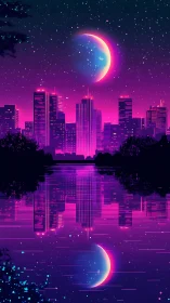 Neon skyline and crescent moon reflected in symmetrical vaporwave lagoon