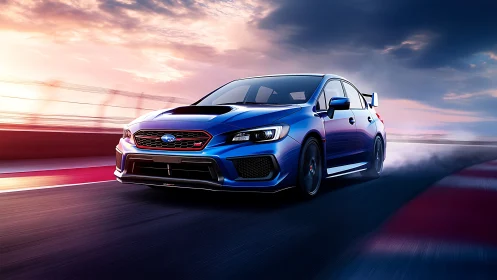 Blue performance sedan drifts through dusk racetrack curve