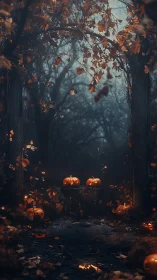 Nocturnal pumpkin altar beneath decaying autumn arborway.