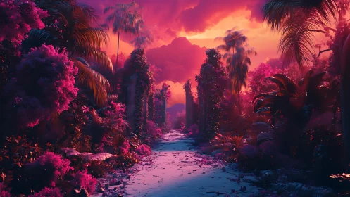 Neon jungle pathway glows beneath a surreal sunset sky.