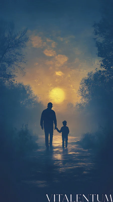 Silhouetted father and child strolling into a misty golden dusk.