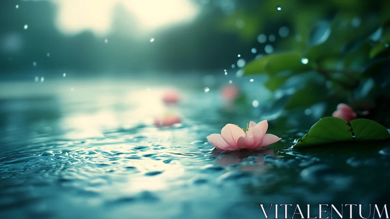 Raindrop serenade over a lone pink blossom drifting softly.