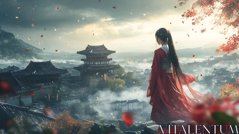 Digital painting of Hanfu figure above misty historic skyline.