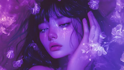 Neon-lit girl in violet dreamscape with ethereal tears.