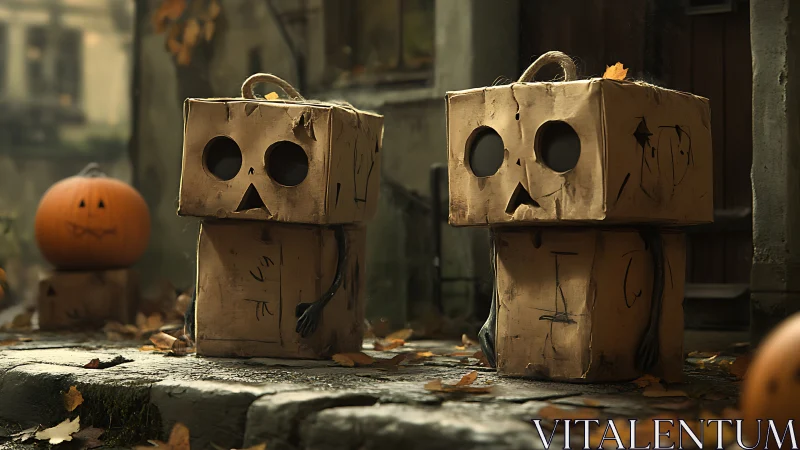Cardboard box scarecrows sit on stone path in warm bokeh light
