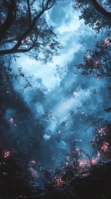 Enchanted Forest Mystique: Ethereal Glow Through Ancient Trees.