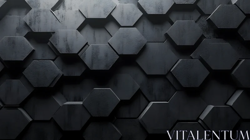 Geometric hexagonal relief wall in dark industrial 3D finish.