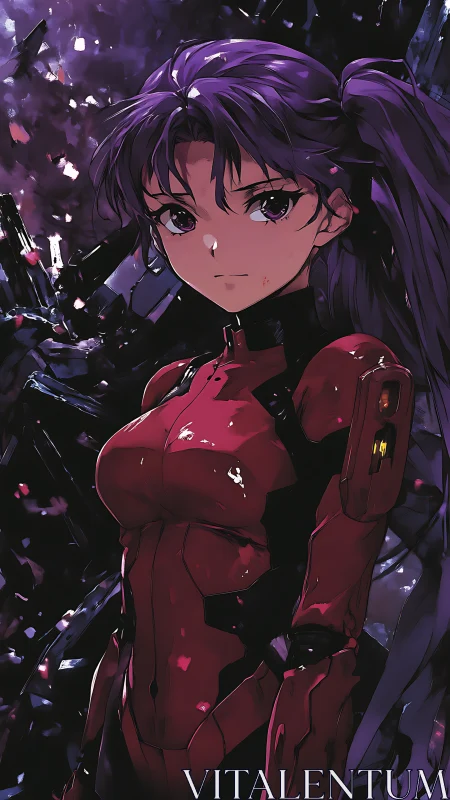 Anime pilot portrait in glossy red exosuit, vertical format.