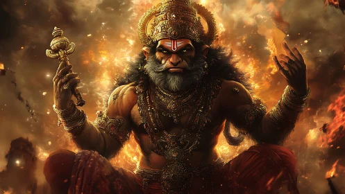 Fire-forged monkey deity throned in blazing celestial fury.