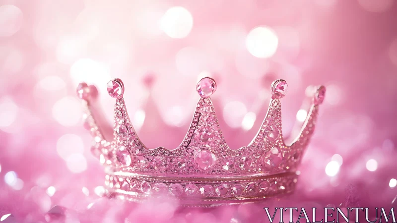 Pink jeweled crown rests on glittering bokeh background