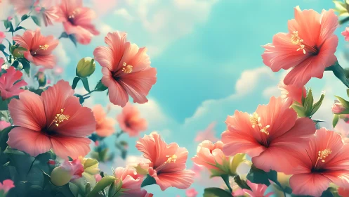 Coral Hibiscus Flowers Against Turquoise Sky with Dynamic Sunlight