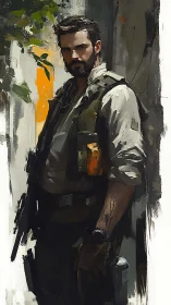Militarized wanderer stands in painterly postwar alleyway
