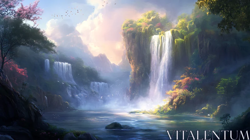 Digital landscape illustrates multi-tier waterfalls and cliffs