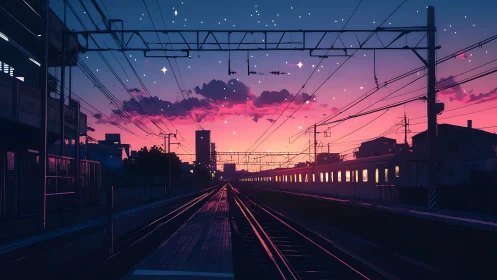 Soft dusk settles over quiet city train tracks at sunset
