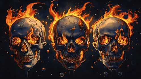 Three flaming skulls aligned against dark abstract space.