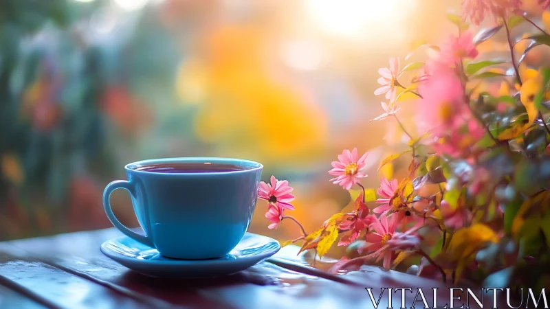 Photorealistic blue teacup with floral bokeh at sunrise.