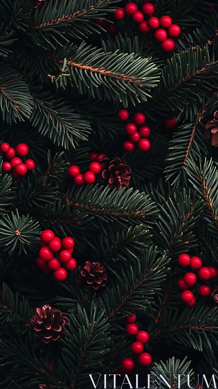 Evergreen fir branches with red berries and pinecones flatlay