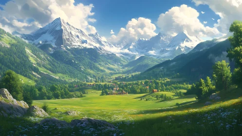 Sunlit mountain valley with cozy village and bright meadows.