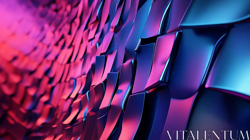 Abstract metallic tiles with vibrant pink and blue lighting, digital art.