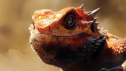 Spiny orange reptile in detailed side profile close-up view.