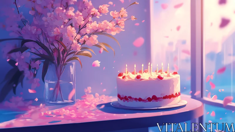Birthday Cake Celebration with Petals in Soft Purple Light.