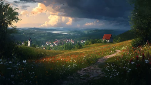 Golden hillside path into a cozy valley village at dusk.