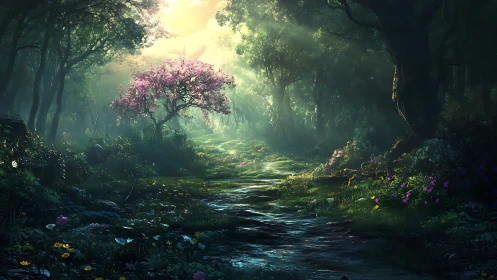 Forest Stream with Flowering Tree in Mist