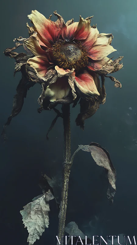 Decaying sunflower portrait reveals desiccated petals and oxidized stem