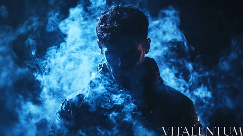 Hooded male silhouette framed by dense blue smoke clouds.