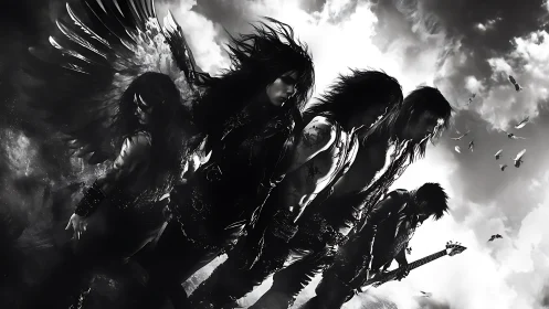 Storm-lit rock band strides forward through dramatic clouds