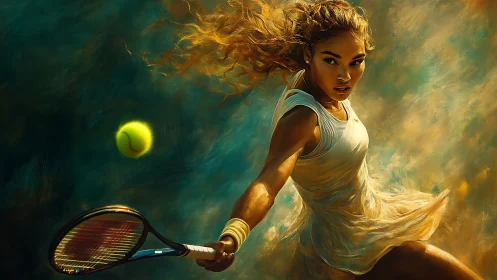 Dynamic digital painting of tennis player in kinetic motion.
