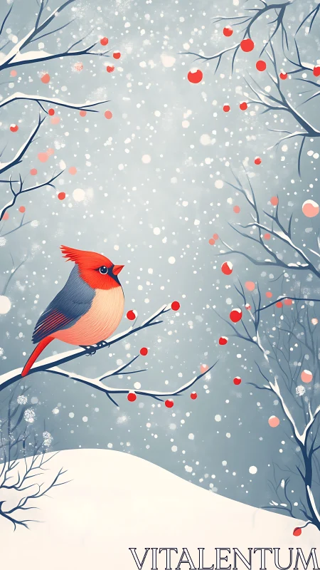 Red bird on snowy branch in stylized winter landscape scene.