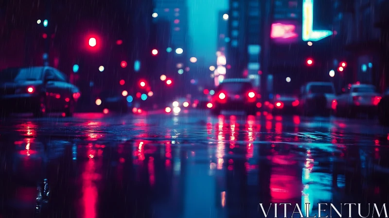 Neon city street glows through rain-soaked night reflections