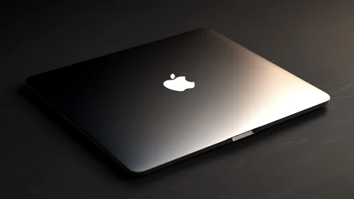 Silver MacBook Pro laptop with illuminated Apple logo on dark desk surface