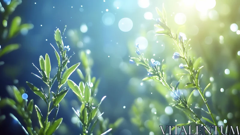 Sunlit green leaves glow amid dreamy bokeh and soft mist.