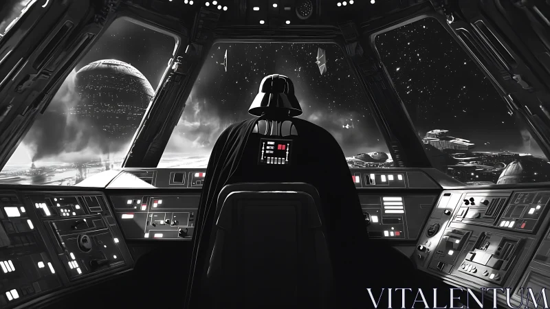 Lone dark commander surveying a silent galactic warfield.