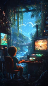 Pixel jungle doorway lets a young gamer pilot real sunlight