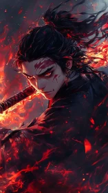 Fire-wreathed anime swordsman glares forward in dynamic motion