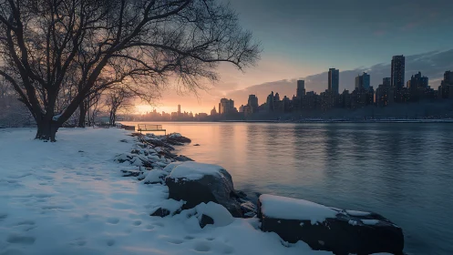 Snowy riverside park at winter sunset facing city skyline.
