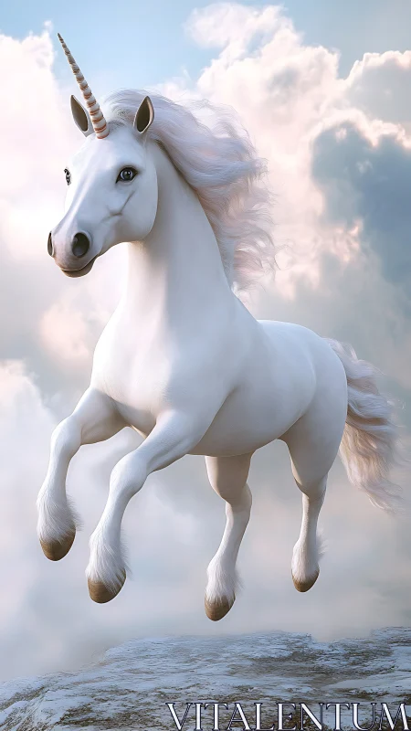 White unicorn rendered in midair above rocky ledge