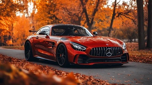 Red performance coupe contrasts with autumn foliage in cinematic light