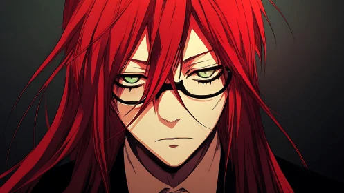 Intense red haired anime portrait with glasses and moody lighting